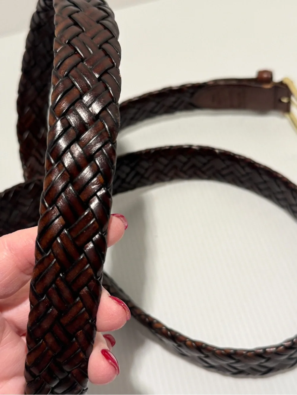 VTG 80s 90s Men's Brown Braided Leather Belt Gold Buckle Size 44 Retro Preppy